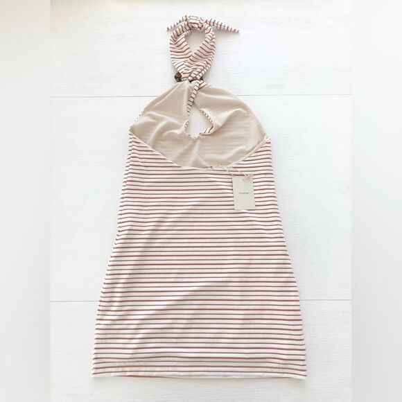 Tularosa Tasya Mini Dress in Bronze Stripe Halter Cut Out Metallic - Picture 4 of 7